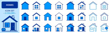 Ev ve gayrimenkul hakkında iki renkli simgeler. Penceresi, kapısı, bacası ve bahçesi olan farklı ikonlar içeriyor. Düzenlenebilir vuruş