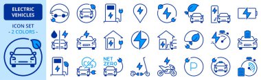 Elektrikli araçlar hakkında iki renkli simgeler. Sürdürülebilir geliştirme elektrikli araba, motosiklet, scooter, pil ve şarj istasyonu gibi ikonlar içerir. Düzenlenebilir vuruş