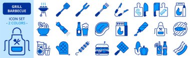 Yiyecek ve içecekle ilgili iki renkli simge. Izgara ve barbekü. Düzenlenebilir vuruş.