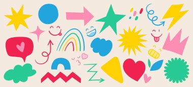 Harika soyut şekiller. Yüz ifadesi ve komik şekiller gibi elementler içerir.