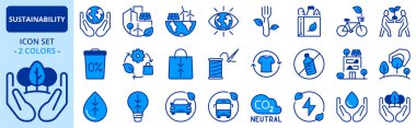 Sürdürülebilirlik hakkında iki renkli simgeler. Verimlilik binası, yeşil şehir, yenilenebilir enerji ve sıfır atık gibi ikonlar içeriyor. Düzenlenebilir vuruş.