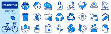 Eko yaşam tarzı hakkında iki renkli simgeler. Ekoloji konsepti. CO2 nötr, sıfır atık, bisiklet, yeşil enerji ve küresel ısınma gibi ikonlar içerir. Düzenlenebilir vuruş