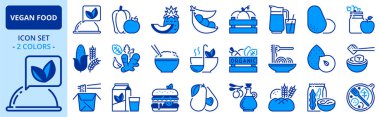 Vejetaryen yemekleri hakkında iki renkli ikonlar. Meyveler, sebzeler, fasulyeler, fındıklar, tahıllar ve soya. Düzenlenebilir vuruş