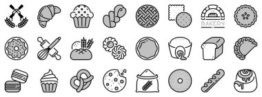 İki tonda simgeler, siyah ve gri, fırın ürünleri hakkında. Tatlı, tatlı yemek, ekmek, kurabiye, çörek ve hamur işleri..