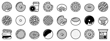 İki tonda simgeler, siyah ve gri, tatlı çörekler, dolgulu çörekler ve çukulata, krema, krema ve jöleli deliklerle dolu. Fırın ürünleri. 