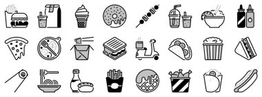 İki tonda simgeler, siyah ve gri, fast food hakkında. Yiyecek ve içecek..
