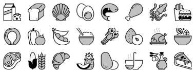 İki tonda simgeler, siyah ve gri, yemek hakkında. Meyve ve sebze. Protein, et, deniz ürünleri, süt ürünleri, fındık, yumurta ve baklagiller. Tahıl. Fast food, tatlı ve şeker ürünleri.. 