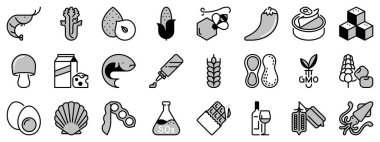 İki tonda ikonlar, siyah ve gri, besin alerjileri hakkında. Yiyecek ve içecek..  