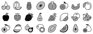 İki tonda simgeler, siyah ve gri, meyve hakkında. Yiyecek.