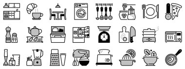 Mutfakla ilgili siyah ve gri renkli simgeler.. 