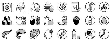 İki tonda simgeler, siyah ve gri, beslenme hakkında. Sağlıklı yiyecek, yağ, protein, sebze, meyve, karbonhidrat ve şeker gibi ikonlar içerir.. 