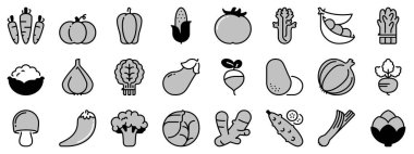 Sebzeler hakkında, siyah ve gri iki tonda ikonlar. Sağlıklı yemek.. 