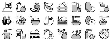 İki tonda simgeler, siyah ve gri, vejetaryen yemekleri hakkında. Meyve, sebze, fasulye, fındık, tahıl ve soya. 