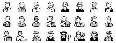 Avatar meslekleriyle ilgili iki tonda ikonlar. İş adamı, polis, şef, pazarlamacı, esnaf, garson, doktor ve veteriner gibi ikonlar içeriyor. Düzenlenebilir vuruş.