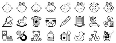 Bebekle ilgili iki tonda ikonlar. Erkek bebek, kız bebek, oyuncaklar, emzik, bebek bezi, kıyafetler, beşik, beslenme şişesi ve bebek arabası gibi ikonlar içeriyor. Düzenlenebilir vuruş.