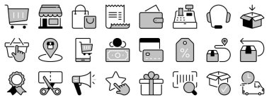 Satın alma hakkında iki tonda ikonlar. Alışveriş arabası, mağaza, teslimat, indirim, internetten alışveriş ve ödeme yöntemleri gibi ikonlar içeriyor. Düzenlenebilir vuruş 