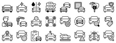 Araba galerisiyle ilgili iki tonda ikonlar. Satış, kiralama, karşılaştırma, araç özellikleri ve bakım gibi ikonlar içerir. Düzenlenebilir vuruş