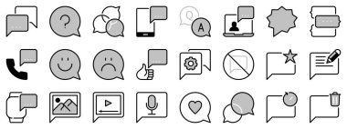 Sohbet baloncuklarıyla ilgili iki tonda ikonlar. İletişim kavramları. Anında mesajlaşma, sosyal medya, video, ses, resim ve emoji gibi simgeler içerir. Düzenlenebilir vuruş