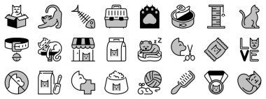 Kedilerle ilgili iki tonda ikonlar. Evcil hayvanlar. Veteriner, sağlık, erzak, yiyecek ve sigorta gibi ikonlar içeriyor. Düzenlenebilir vuruş