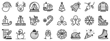 Noel 'le ilgili iki tonda ikonlar. Tatil etkinlikleri. İçinde Noel Baba, Kardan Adam, Noel ağacı, istek listesi, dekorasyon ve hediyeler gibi ikonlar var. Düzenlenebilir vuruş
