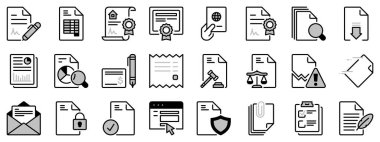 Belgelerle ilgili iki tonda ikonlar. Düzenlenebilir vuruş. 