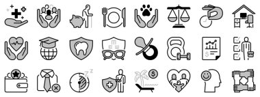 Çalışan haklarıyla ilgili iki tonda ikonlar. Sağlık sigortası, sosyal sorumluluk, emeklilik planlaması ve ikramiye gibi ikonlar içeriyor. Düzenlenebilir vuruş. 