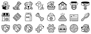 Icons in two tones about dogs. Pets. Contains such icons as vet, health care, supplies, food and insurance. Editable stroke