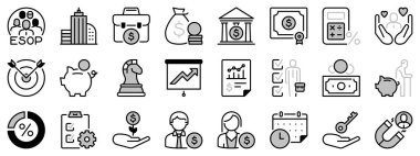 ESOP çalışanlarının hisse senedi sahipliği planıyla ilgili iki tonda simgeler. Şirket, kazan-kazan, plan ve avantajlar gibi ikonlar içeriyor. Düzenlenebilir vuruş.