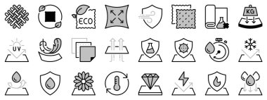 Kumaş özellikleri hakkında iki tonda simgeler. Zar, su geçirmez, ön cam, elastik, nefes alınabilir ve direnç gibi ikonlar içerir. Düzenlenebilir vuruş