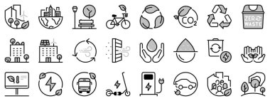 Yeşil şehirle ilgili iki tonda ikonlar. Sürdürülebilir gelişme. Yenilenebilir enerji, özerk bina, hava ve su kalitesi gibi ikonlar içerir. Düzenlenebilir vuruş