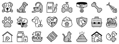 Köpekler ve kediler hakkında iki tonda ikonlar. Evcil hayvanlar. Düzenlenebilir vuruş