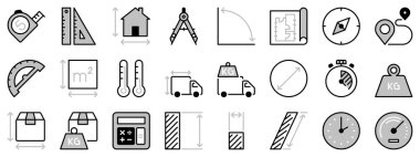 Ölçmek için iki tonda simgeler. Şerit ölçü, kapasite, ağırlık, zamanlayıcı ve mesafe gibi simgeler içerir. Düzenlenebilir vuruş. 