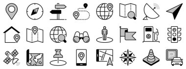 Navigasyonla ilgili iki tonda simgeler. Teknoloji konsepti. Konum, arama rotası, nokta, GPS, harita ve trafik bilgisi gibi simgeler içerir. Düzenlenebilir vuruş