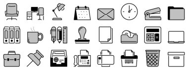 Ofis malzemeleriyle ilgili iki tonda ikonlar. İş yeri, kırtasiye, dizüstü bilgisayar, yazıcı, kalem ve belge gibi simgeler içerir. Düzenlenebilir vuruş