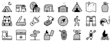 Açık hava hakkında iki tonda ikonlar: Kamp yapmak. Kamp, araç gereç, karavan, macera sporu, kamp ateşi ve yürüyüş gibi ikonlar içerir. Düzenlenebilir vuruş
