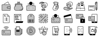 Ödeme yöntemleri hakkında iki tonda ikonlar. Alışverişe. Cüzdan, para, kredi kartı, para, bir tık, çek ve ulaşılamaz biyometrik ödeme gibi ikonlar içeriyor. Düzenlenebilir vuruş