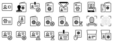 Pasaport ve kimlik kartlarıyla ilgili iki tonda simgeler. Kişisel tanımlama, hayvan takip cihazı ve vize gibi ikonlar içeriyor. Düzenlenebilir vuruş. 