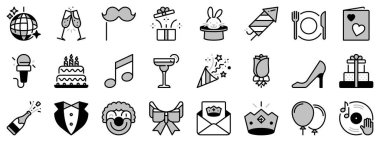 Parti hakkında iki tonda ikon. Malzemeler, dekorasyon, disko balosu, hediyeler ve davetiyeler gibi ikonlar içeriyor. Düzenlenebilir vuruş. 