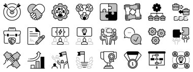 Ortaklık hakkında iki tonda ikonlar. İş, kazan-kazan, güven, işbirliği, hedef, takım çalışması, paylaşım, performans, bilgi ve planlama gibi ikonlar içerir. Düzenlenebilir vuruş