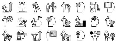 Kişisel gelişimle ilgili iki tonda ikonlar. Motivasyon, liderlik, başarı, seçenekler, hedefler ve beceriler gibi ikonlar içerir. Düzenlenebilir vuruş.