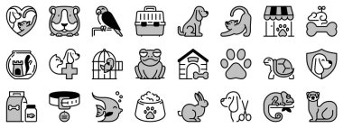 Evcil hayvanlar ve veterinerler hakkında iki tonda ikonlar. Hayvan bakımı. Düzenlenebilir felç. Vektör - 256x256 piksel mükemmel.