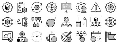 Proje yönetimiyle ilgili iki tonda simgeler. Çalışma akışı, görev, liste, zaman çizelgesi ve son teslim tarihi gibi simgeleri içerir. Düzenlenebilir felç. Vektör 256x256 piksel mükemmel.