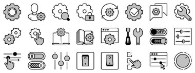 Ayarlar ve kontroller hakkında iki tonda simgeler. Hesap ayarları, yukarı ve aşağı, web ve uygulama araçları ve kurulum seçenekleri gibi simgeleri içerir. Düzenlenebilir vuruş