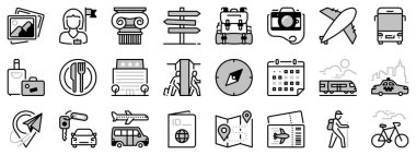 Seyahatle ilgili iki tonda ikonlar. Otel, uçak, pasaport, tur rehberi ve kiralık araba gibi ikonlar içeriyor. Düzenlenebilir vuruş.