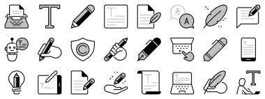 Metin hakkında iki tonda simgeler. Yazı, yaratıcılık, kalem ve yazar gibi ikonlar içeriyor. Düzenlenebilir vuruş. 