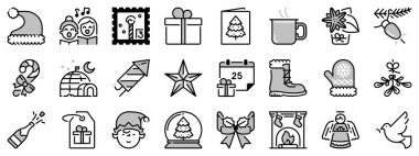 XMAS hakkında iki tonda simgeler. Tatil etkinlikleri. Kutlamalar, Noel ağacı, dekorasyon ve hediye gibi ikonlar içeriyor. Düzenlenebilir vuruş