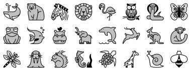 Vahşi hayvanlar hakkında iki tonda ikonlar. Evcil hayvanlar. Düzenlenebilir vuruş.