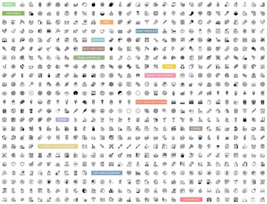 Yemek ve içeceklerle ilgili çizgi ikonları. İki renk ve düzenlenebilir vuruş.