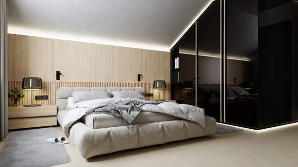 Diseño Interior Moderno Dormitorio Techo Inclinado Con Pared Madera Armario — Foto de Stock
