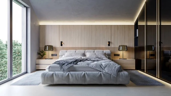 Diseño Interior Moderno Dormitorio Techo Inclinado Bosque Con Pared Madera — Foto de Stock